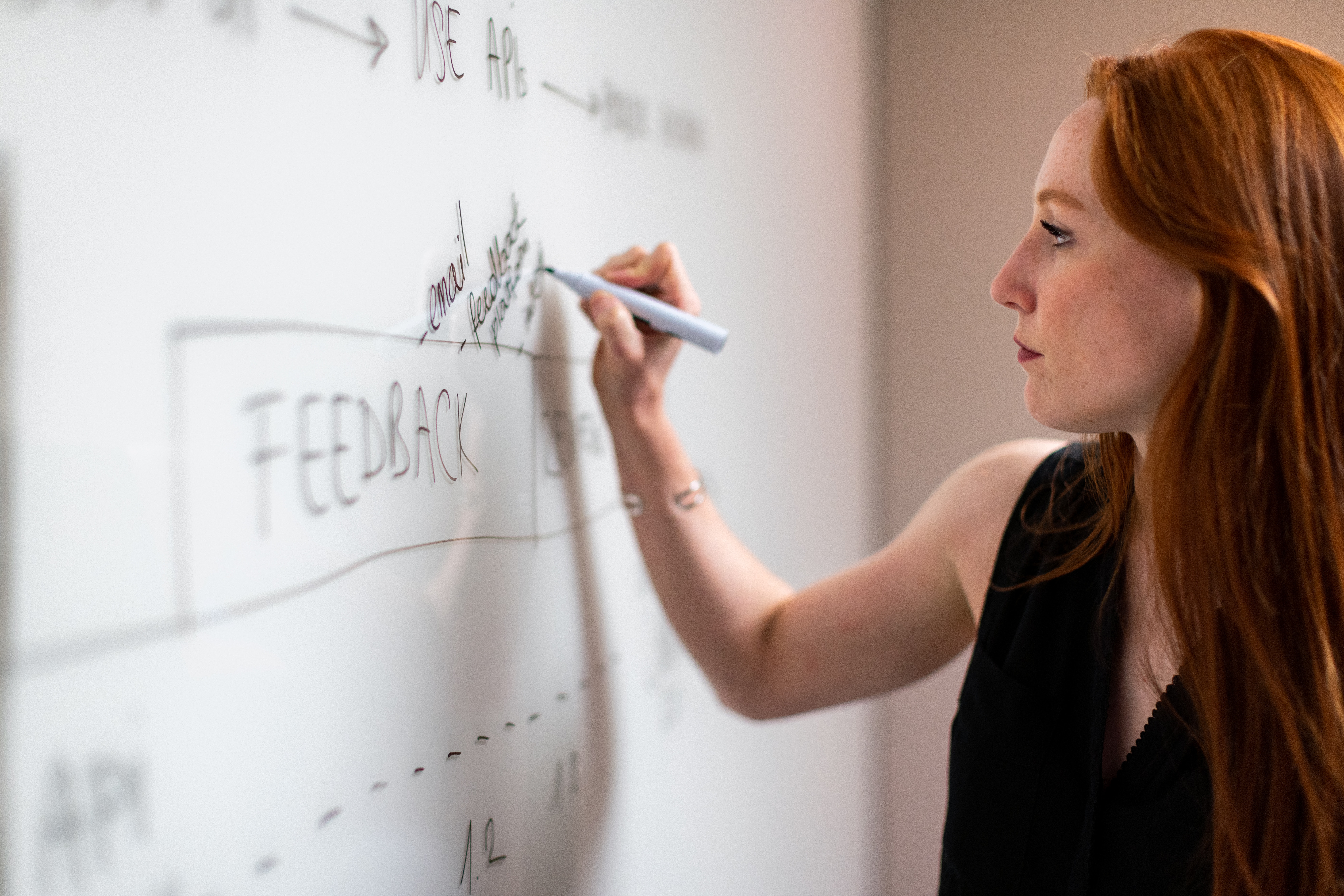 Lady writing on a whiteboard with a black marker pen, planning software implementation.